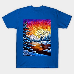 Stained Glass Snowy Winter Scene T-Shirt